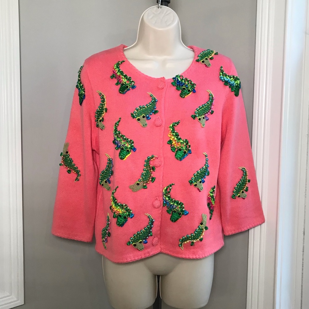 Vintage Michael Simon Beaded Alligators Cardigan Sweater ~ Women’s Small MINT